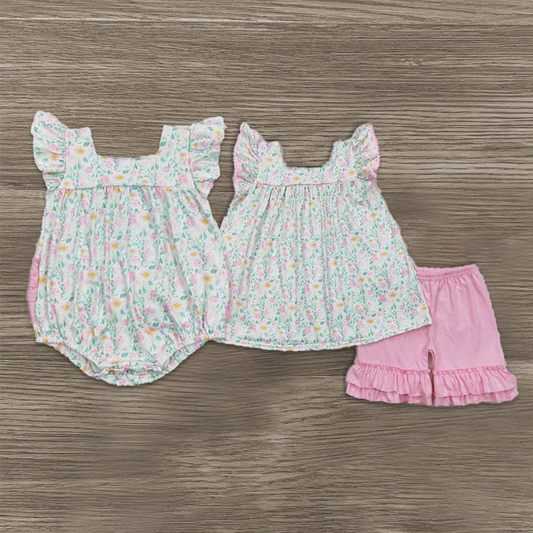 Match Baby Girls Pink Flowers Tops Ruffle Shorts Clothes Sets Romper   D 3.13