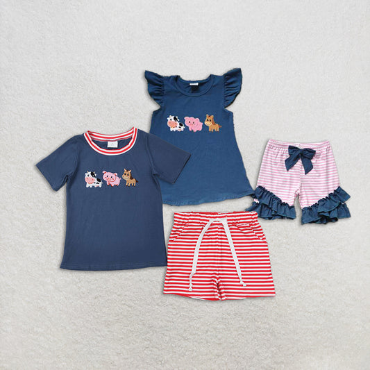 Match Baby Boys Girls Blue Farm Animals Shirt Stripes Shorts Clothes Sets  D 3.18
