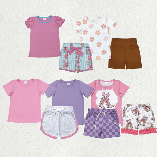 Match Baby Girls Short Sleeve Flowers Boot Tops Biking Ruffle Shorts Clothes Sets  D 5.26