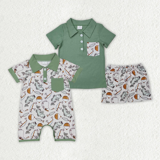 Match Baby Boys Green Pocket Shirts Fishing Rompers Sets