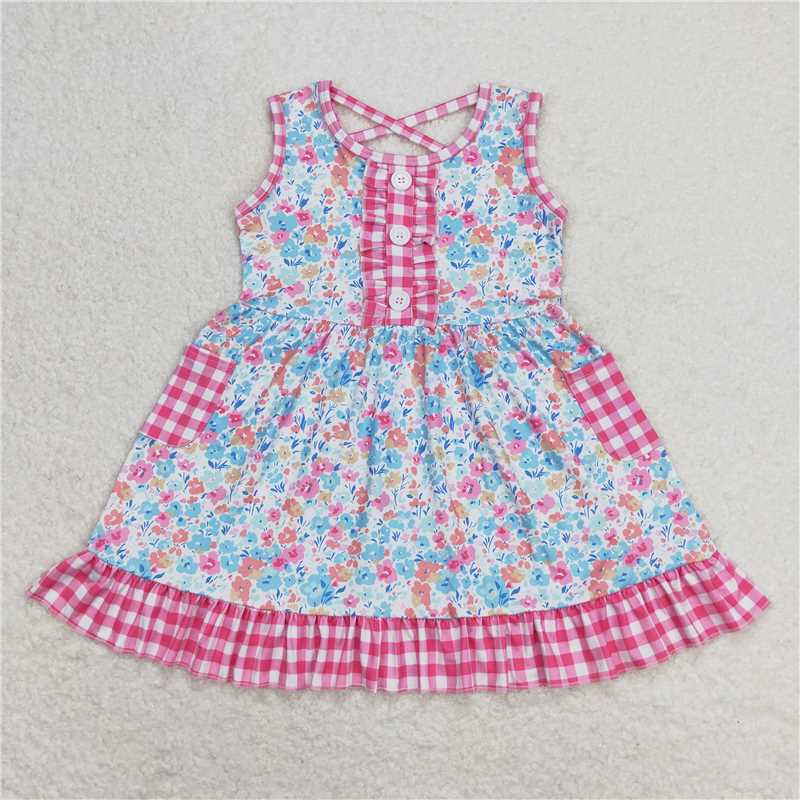 Match Baby Girls Pink Checkered Floral Summer Sibling Rompers Clothes Sets