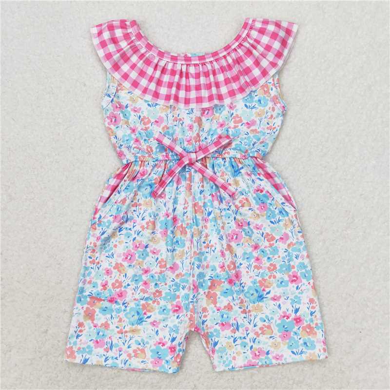 Match Baby Girls Pink Checkered Floral Summer Sibling Rompers Clothes Sets