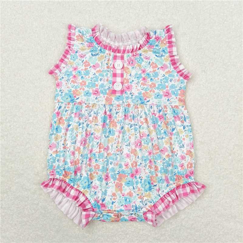 Match Baby Girls Pink Checkered Floral Summer Sibling Rompers Clothes Sets