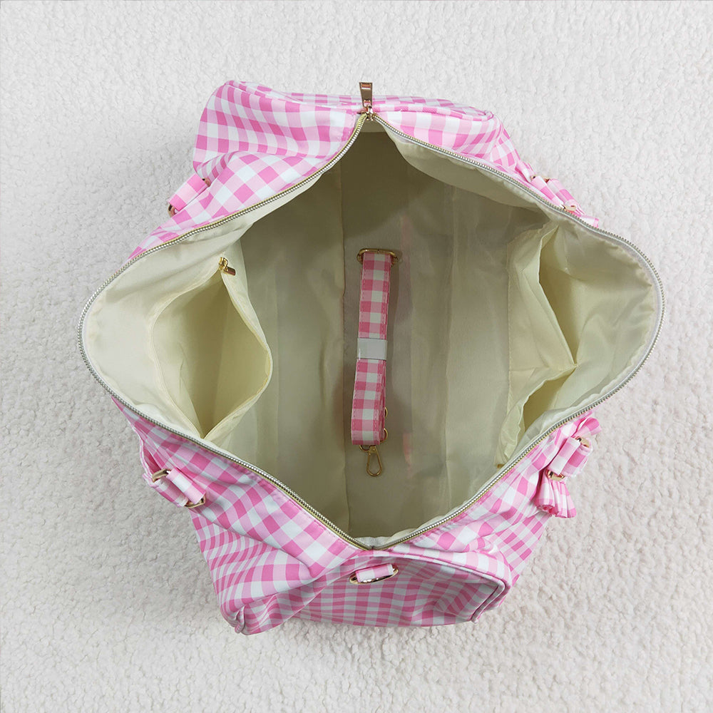 BA0302  Pink Checkered Print Gym Duffle Bags   D 5.6
