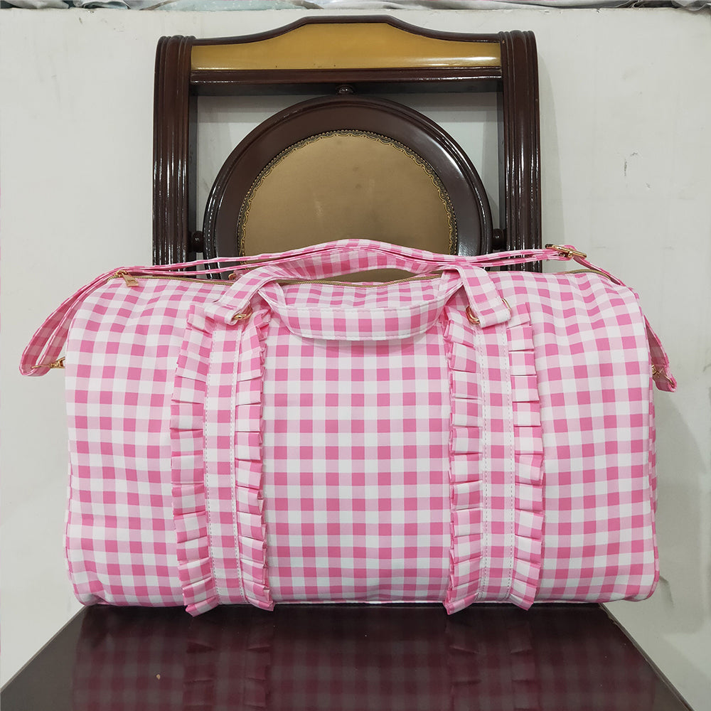BA0302  Pink Checkered Print Gym Duffle Bags   D 5.6