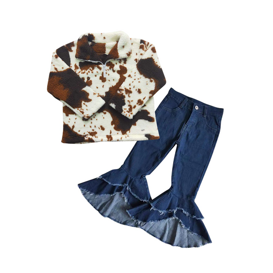 GLP0960 Cow pattern zipper plush jacket dark blue double lace raw edge denim trousers suit  BT0355+P0007