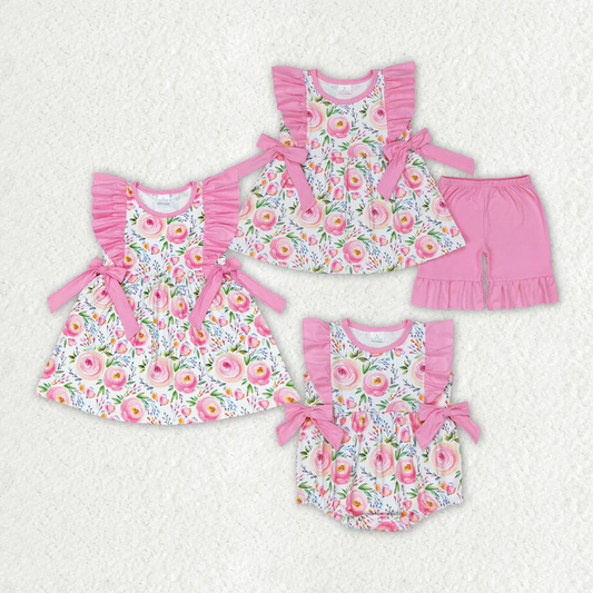 Match Baby Girls Pink Rose Flowers Summer Sibling Rompers Clothes Sets