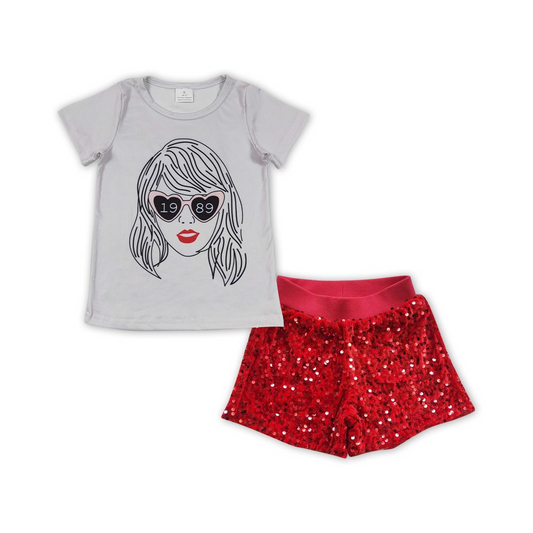 GSSO0861 Gray short-sleeved red sequined shorts suit  GT0434+SS0098