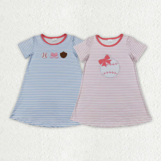 Match Embroidery Baby Girls Stripe Bows Baseball Knee Length Dresses  D 4.7