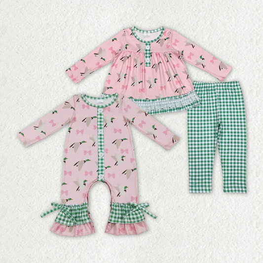 Match Sister Baby Girls Mallard Ducks Bows Checkered Clothes Sets  D 4.12