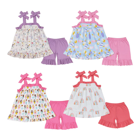 Match Baby Girls Princess Rainbow Straps Tunic Top Ruffle Shorts Clothes Sets  D 4.19