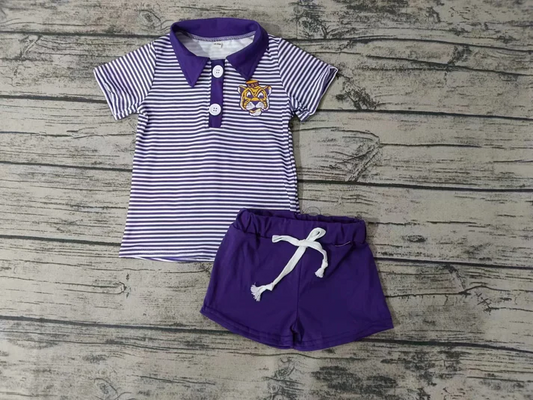 Custom purple stripe tiger kids boys team polo shirt set  D 4.22