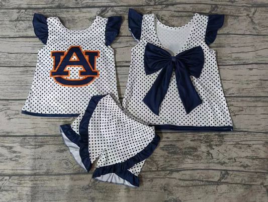 Custom  navy polka dots A U top shorts girls team clothes D 4.24