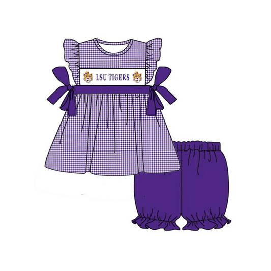 Custom purple plaid tiger tunic shorts girls team outfits D 4.30