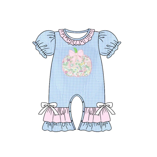 Custom Baby Girls Floral Pumpkin Blue Gingham Short Romper  D 5.21