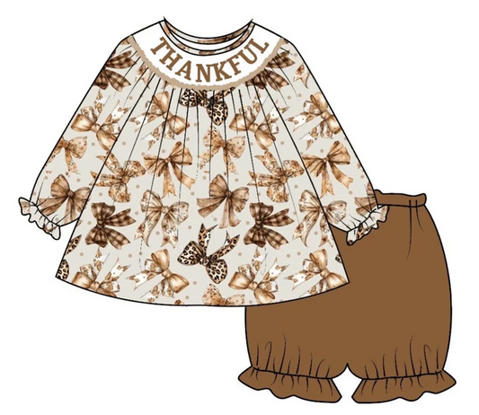 Custom Thanksful Bow Top Brown Shorts Boutique Outfit D 5.21