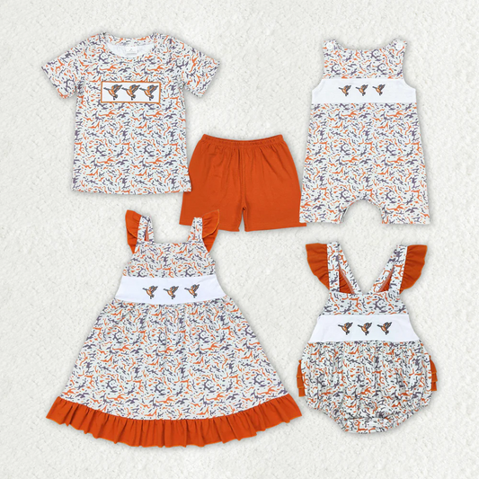 Match Baby Girls Embroidery Camo Ducks Sibling Dresses Rompers Clothes Sets