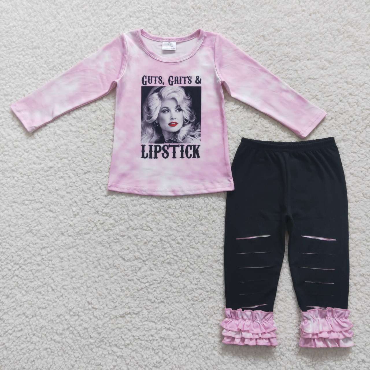 GLP0760 dolly lipstick letter pink long sleeve black trousers suit