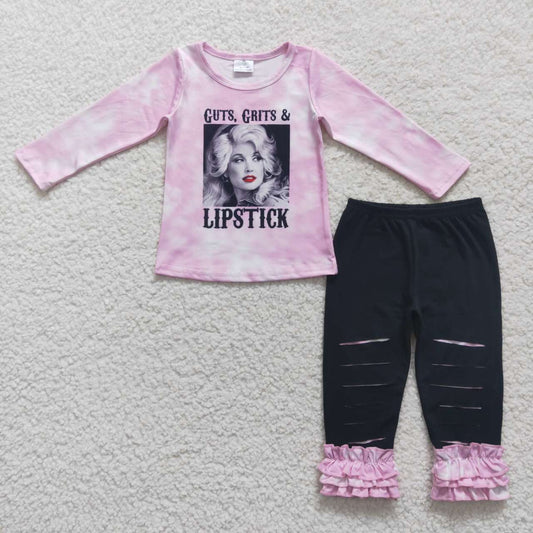 GLP0760 dolly lipstick letter pink long sleeve black trousers suit
