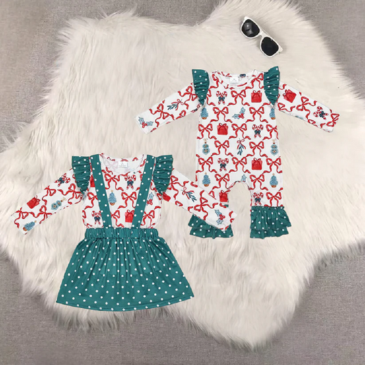 Match Christmas Bow Cane Pattern Polka Dot Green Lace Long Sleeve Suspender Dress Set Romper   D 5.26