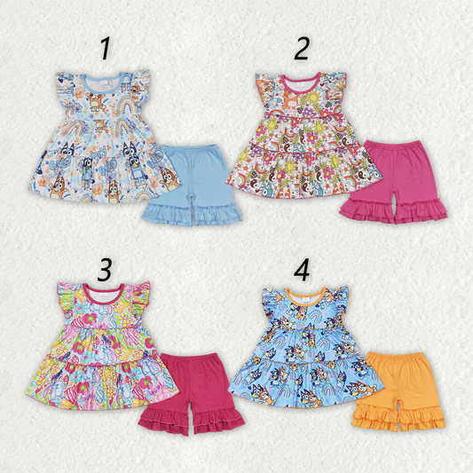 Match Baby Girls Dogs Cartoon Tunic Top Ruffle Shorts Clothes Sets