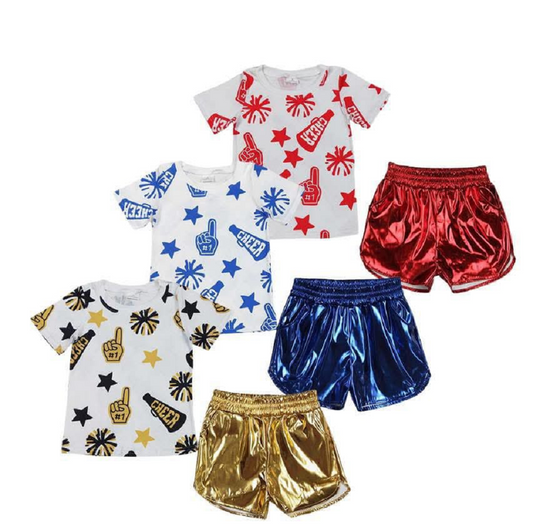 Match Colorful Baby Girls Cheer Team Tops Leather Shorts Clothes Sets  D 4.7