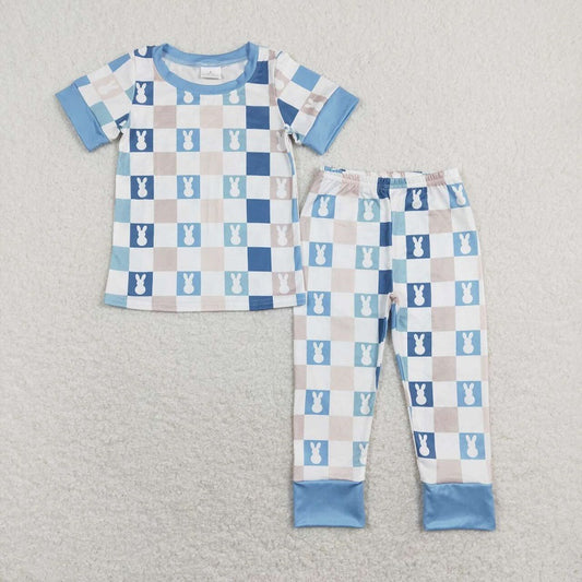 BSPO0318  Rabbit plaid blue and white short-sleeved trousers pajama set