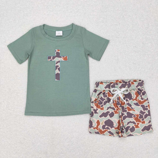 BSSO0296 Embroidered camouflage cross green short-sleeved top camo pocket shorts