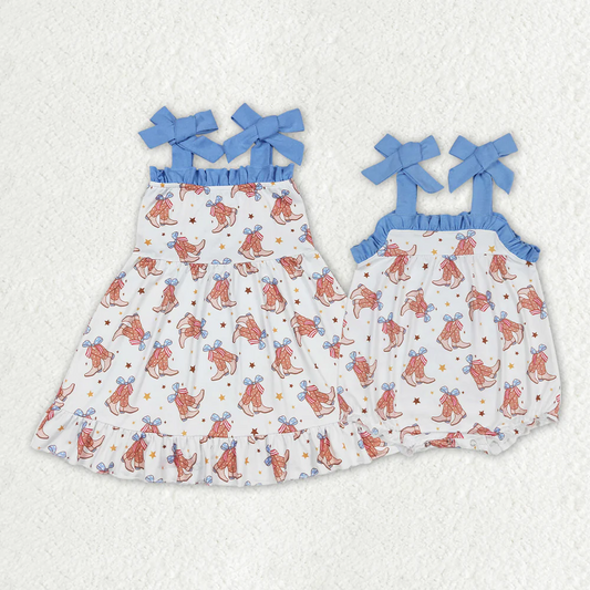 Match Baby Girls Straps Boots Bows Western Rompers Dresses