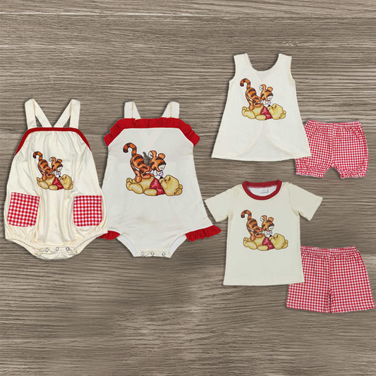 Match Baby Boys Girls Bear Tiger Short Red Checkered Shorts Clothes Sets Romper  D 3.13