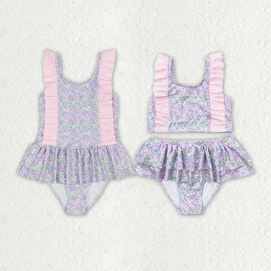 Match Baby Girls Summer Lavender Flowers Sibling Sister Swimsuits