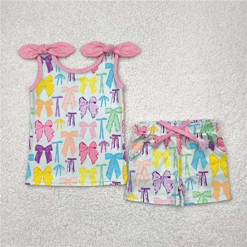 Match Baby Girls Sister Summer Colorful Bow Print Shorts Set D 4.19