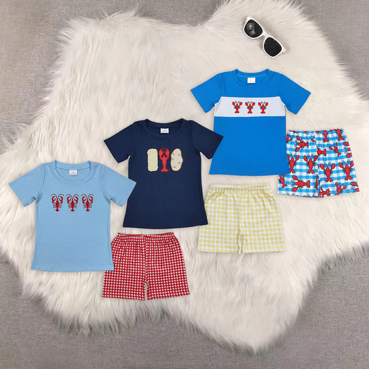 Match Embroidery Baby Boys Crayfishes Short Sleeve Tops Shorts Clothing Sets  D 5.22