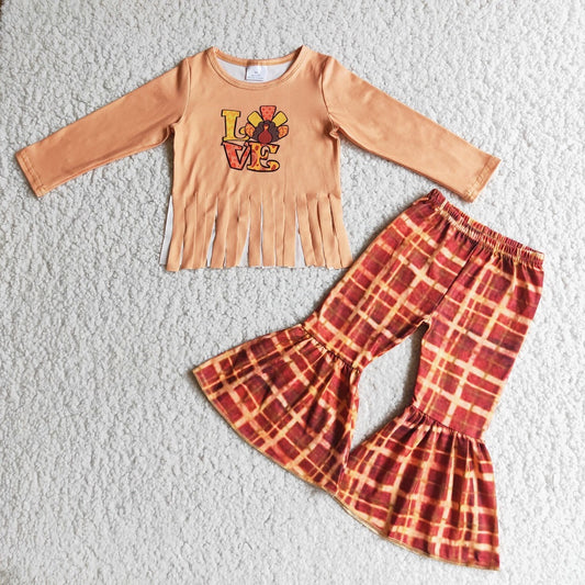 6 B9-34 Turkey Tassel Long Sleeve Top Red Plaid Flared Pants Set