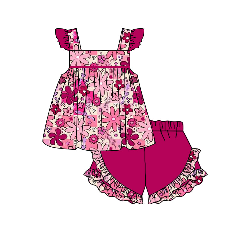 GSSO1005 Floral purple lace sleeveless shorts suit