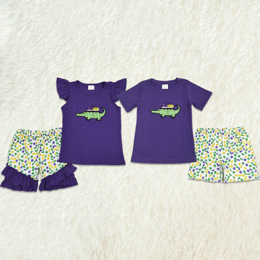 Match Baby Boys Girls Embroidery Mardi Gras Crocodile Shirt Shorts Outfits Clothing Sets   D 3.13