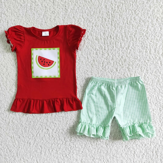 A14-15 Watermelon Red Short Sleeve Green Pants Suit