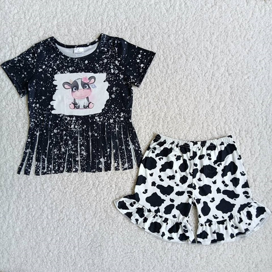 A5-23 Cow Speckled Fringe Shorts Set