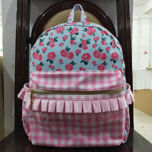 BA0217 Floral Pink Plaid Blue Backpack