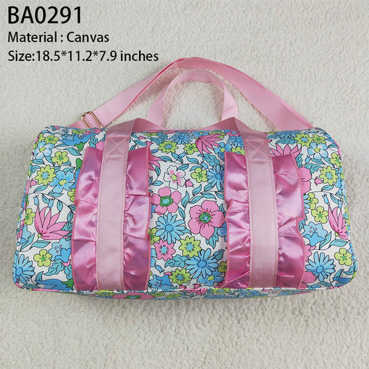 BA0291  Pink Ruffle Blue Floral Print Gym Duffle Bags D 4.24