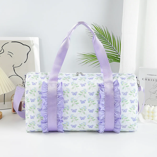 presale BA0293 Lavender Ruffle Butterfly Floral Print Gym Duffle Bags   D 3.3