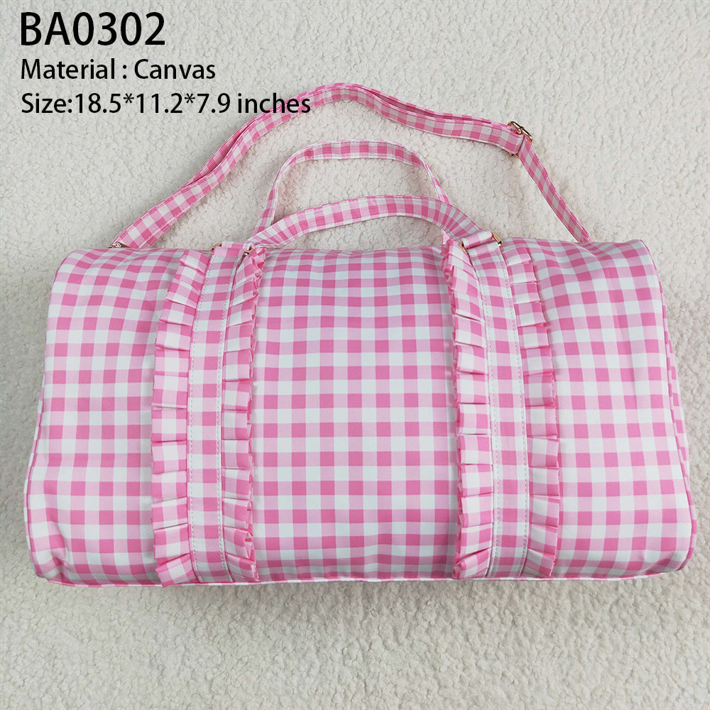 BA0302  Pink Checkered Print Gym Duffle Bags   D 5.6
