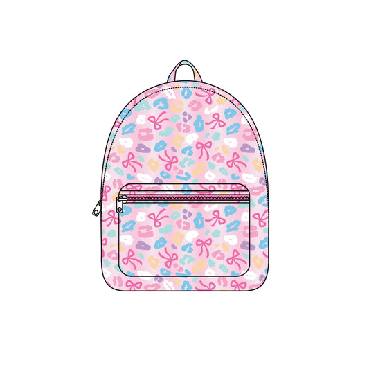 presale BA0319 Baby Kids Pink Leopard Bows School Zipper Ruffle Back Bags  D 5.24