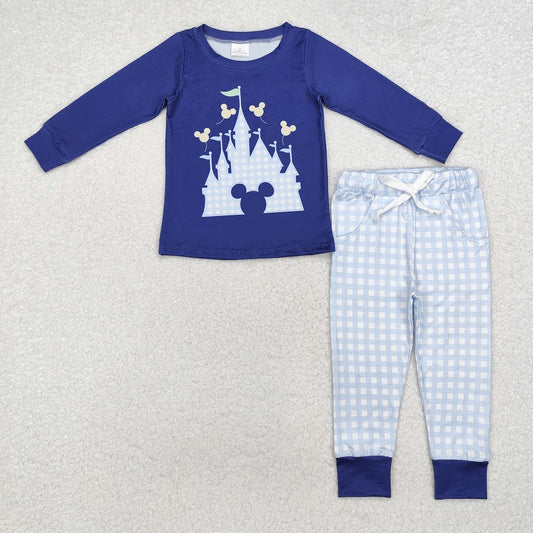BLP0753 Castle Navy Blue Long Sleeve Plaid Trousers Set