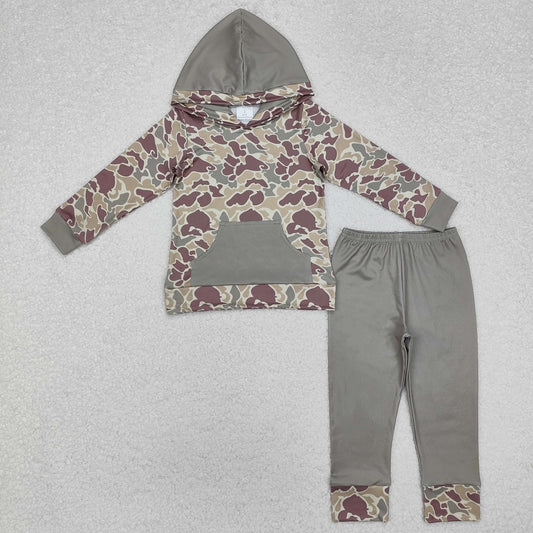 BLP0960  Pocket camouflage brown green hooded long sleeve trousers set