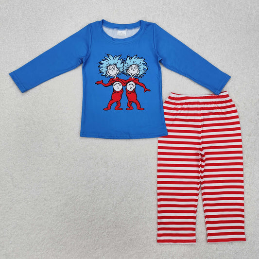 BLP1027  Blue long-sleeved red striped trouser suit