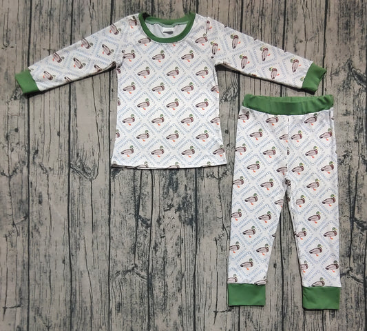 presale BLP1086 Baby Boys Long Sleeves Green Ducks Plaid Top Pant Pajamas Set  D 6.9