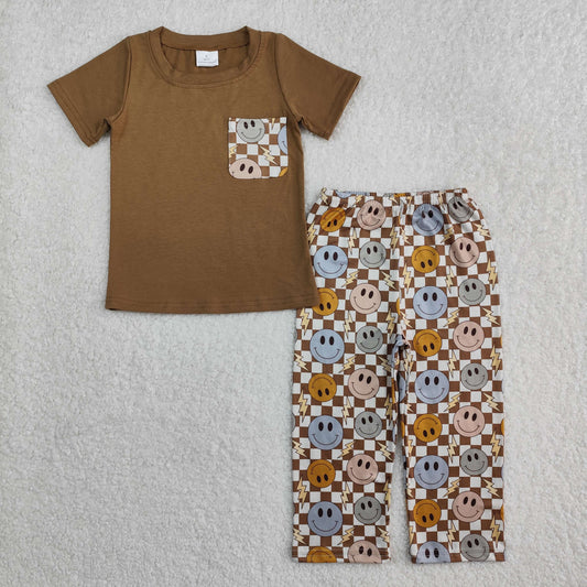 BSPO0425  Baby Boys Brown Smile Pocket Tops Pants Outfits Clothes Sets  D 3.3