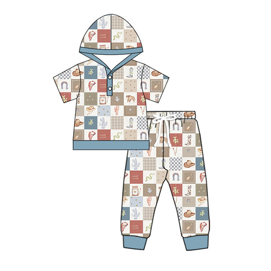 presale BSPO0563 Baby Boys Short Sleeves Cactus Boots Button Hoodies Top Pants Pajamas Set  D 4.25