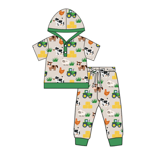 presale BSPO0570 Baby Boys Green Short Sleeves Cows Chicks Hoodies Top Pant Farm Set  D 5.9
